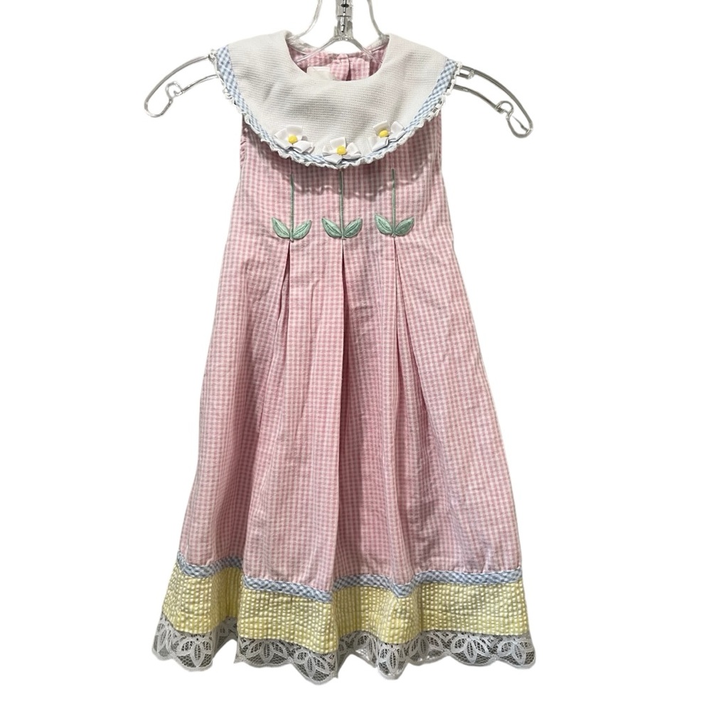 Vintage New York Bonnie Jean dress Sleeve Pink Gingham Size 5 Easter Flowers